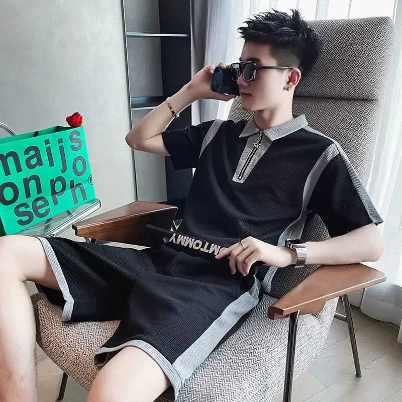 Plain weave mens T-shirt and shorts set Korean top elastic sportswear high quality new matching cool and loose mens clothing W241104