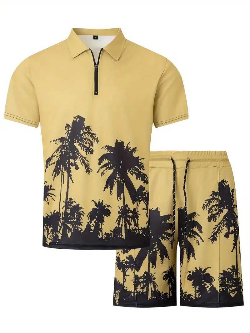 Mens 3D printed coconut Tr pattern zipper shirt+shorts 2-piece neutral fashion casual simple matching style clothing W241104