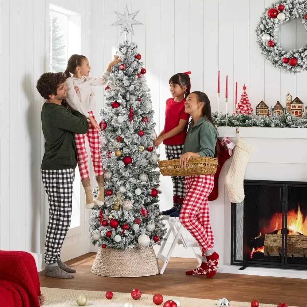 Flocked Pencil Christmas Tree Pre-Lit Slim Artificial Holiday Decoration Lighted Skinny Snowy AppearaXJ241026