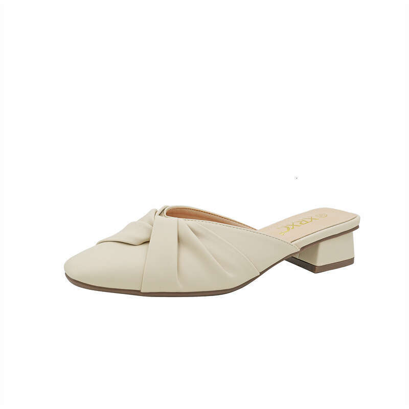 Korean Version Of Spring And Summer New Fashionable Soft Leather Toe Cap For Women Wearing Thick Heels, French Style Semi Slip, Mid Heel Fitting Shoes