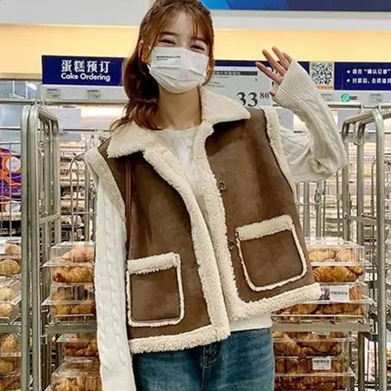 Womens autumn and winter cashmere vest Korean fashion loose sleeveless jacket top thick prefabricated style casual vest jacket 241105