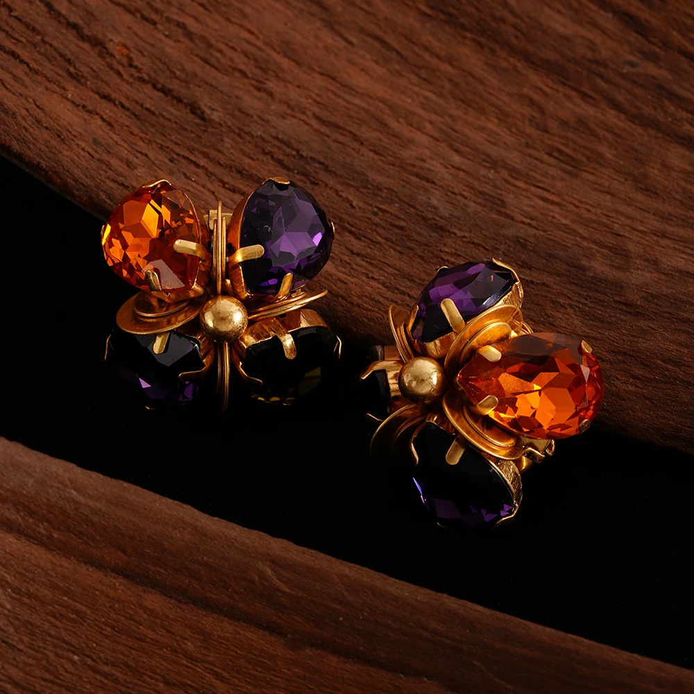 Colorful Crystal Glass Flower Earrings For Women Trendy Charm Prom Party Pendant Vintage Statement Y2k Jewelry 241105