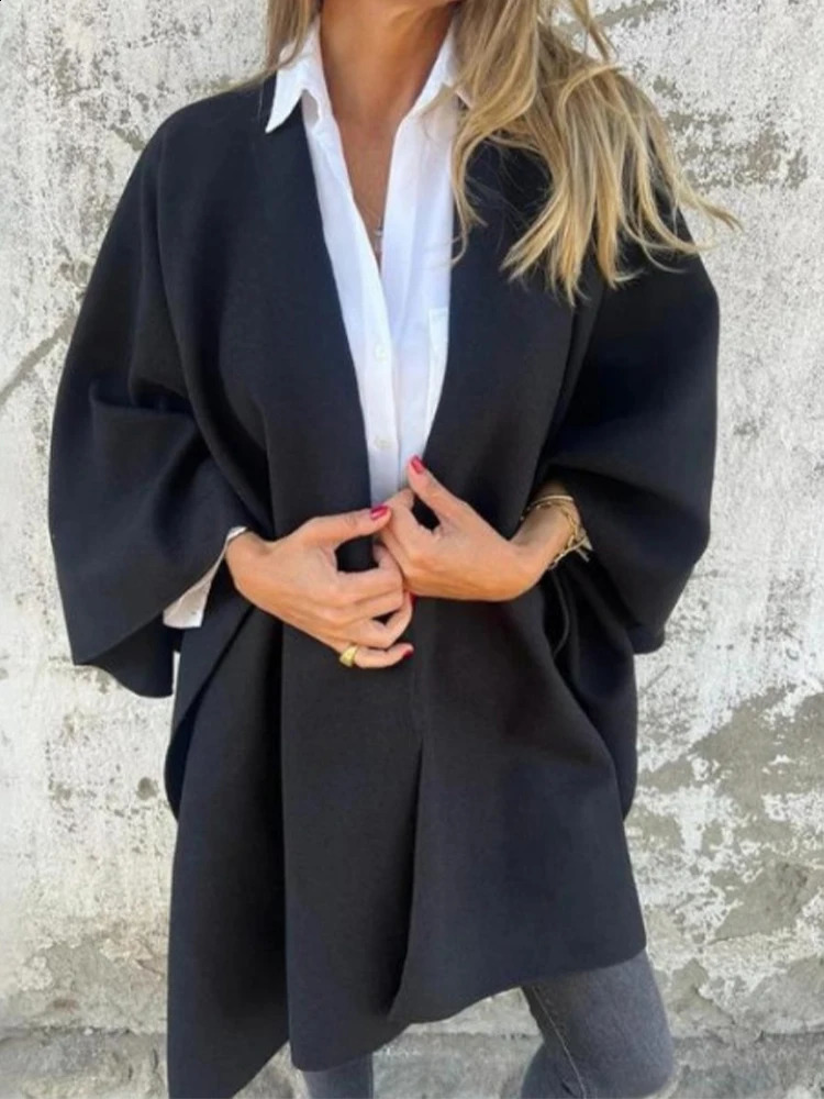 Fashion Soft Wool Blends Poncho Cape Coat Autumn Winter Women Cardigan Shawl Cloak Windproof Solid Casual Jacket 241105