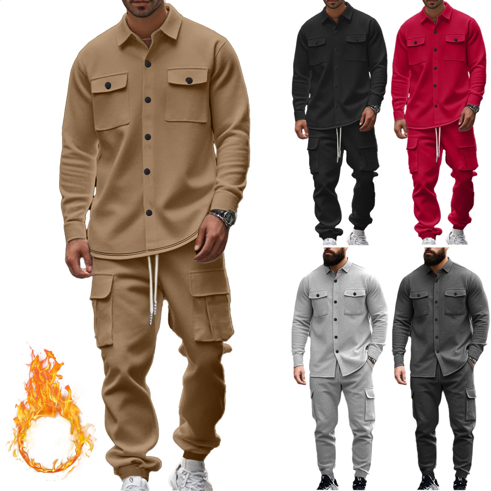 American Mens Jacket Heavyweight Pure Color Velvet Workwear Outdoor Tactical Hunting Lapel Jacket Suit Loose Warm Mens Clothes Two-Piece Set 241105