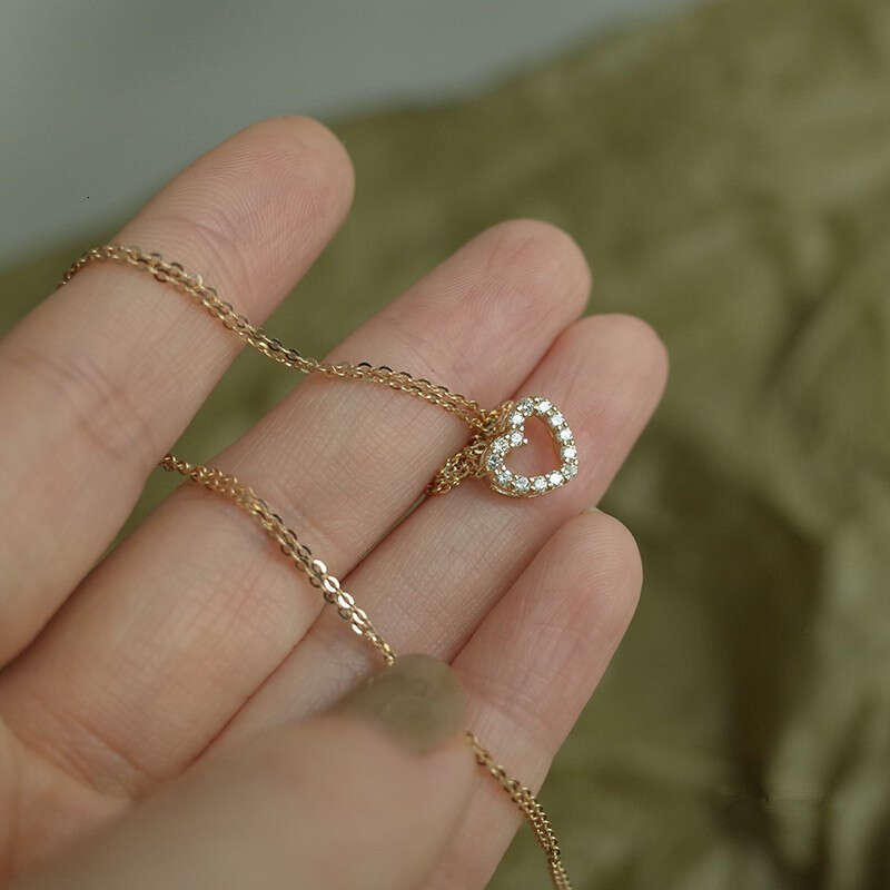 Sterg Sier Simple Zircon Heart Pendant Clavicle Chain Necklace Women Classic Fashion 14k Real Gold Plating Jewelry