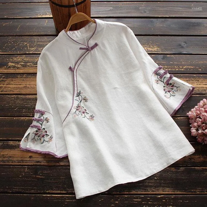 Ethnic Clothing Cheongsam Women's Plus Size Short Tops Summer Cotton Linen Embroidery Splicing Slim Fit Chinese Style Qipao Shirts