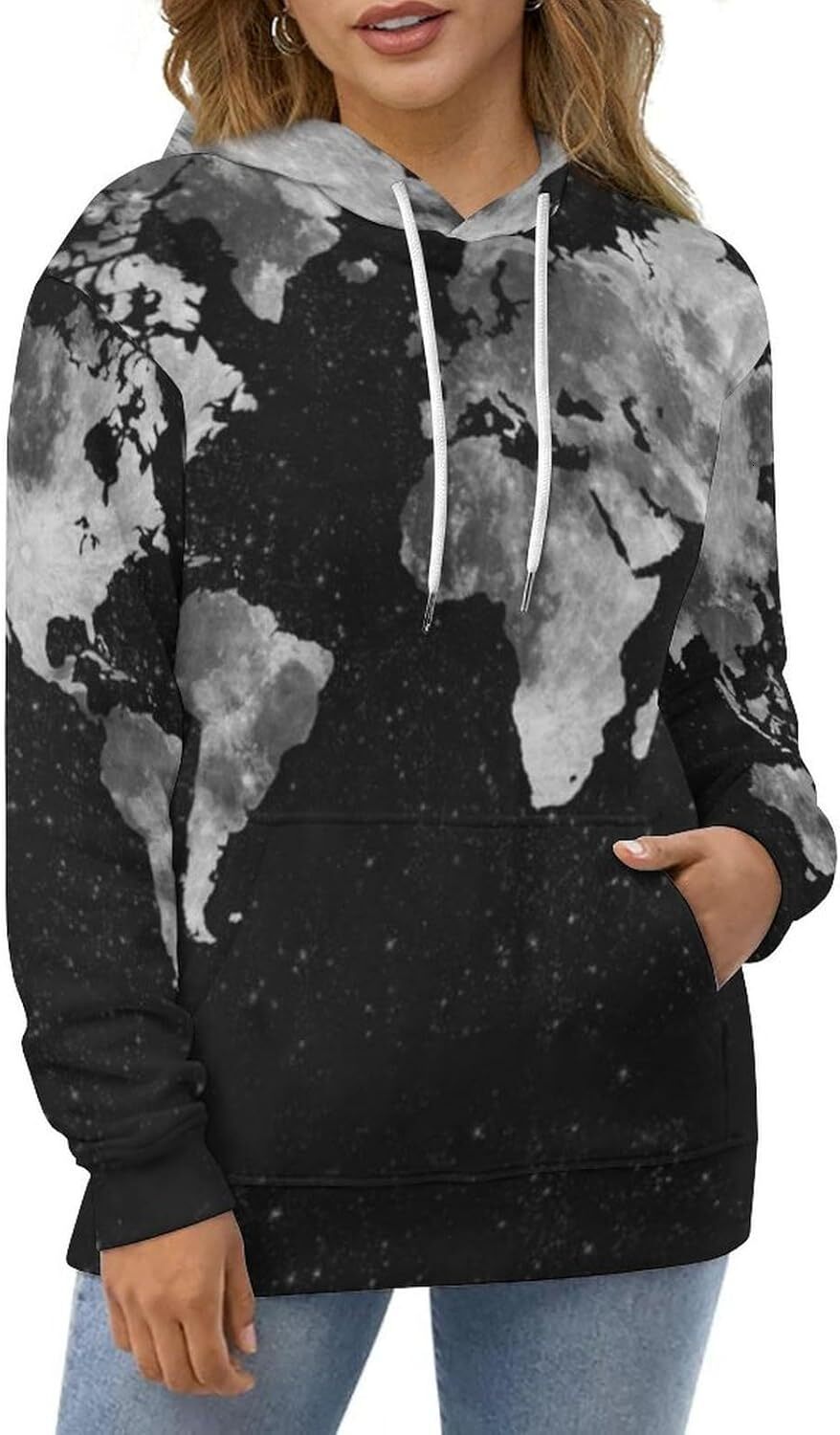 Hoodie for Mens Womens Black And White Vintage World-Map Hoodies for Men 3D Print Pullover Hooded Drawstring Loose Sweatshirt with Big Pockets Graphic