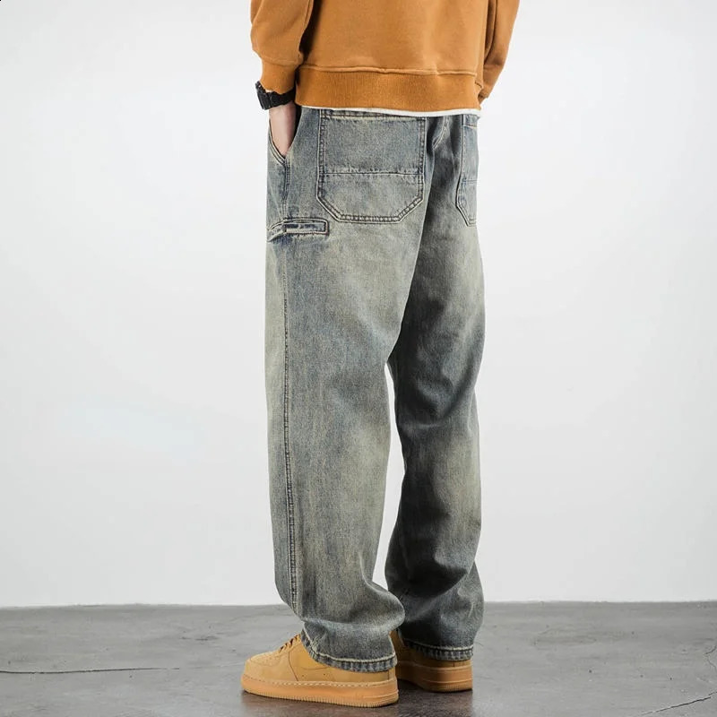 Stretch Mens Jeans Washed Motorcycle Trousers Vintage Man Cowboy Pants Punk Loose Straight Retro Baggy ner Casual Goth Xs 241105