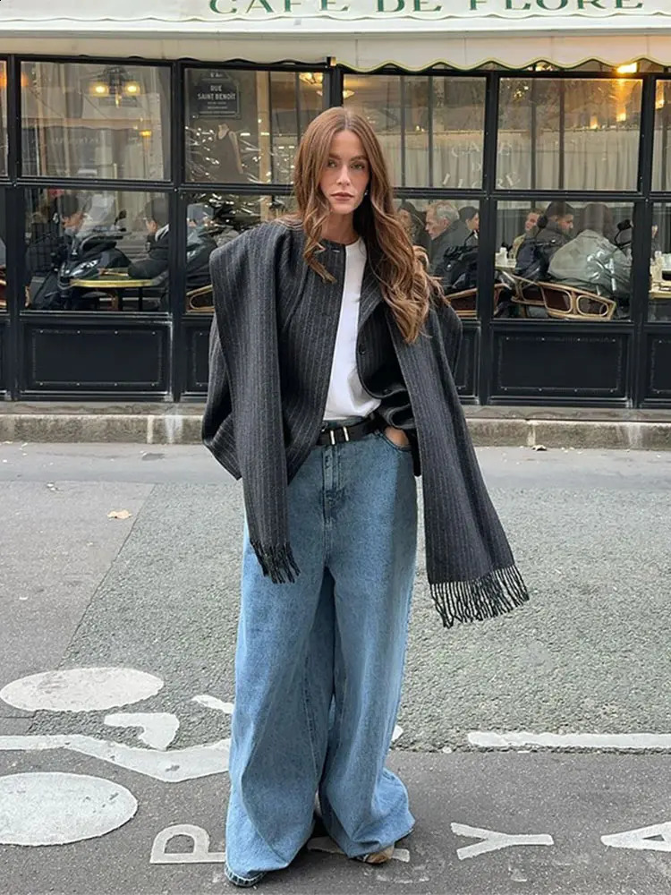 Causal Fashion Striped Scarf Collar Short Jacket Women Wool Blend Single Breasted Crop Coat Autumn Street Warm Outwear 241105