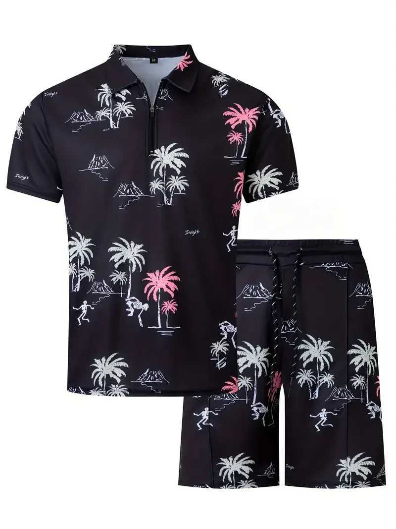 Mens 3D printed coconut Tr pattern zipper shirt+shorts 2-piece neutral fashion casual simple matching style clothing W241104