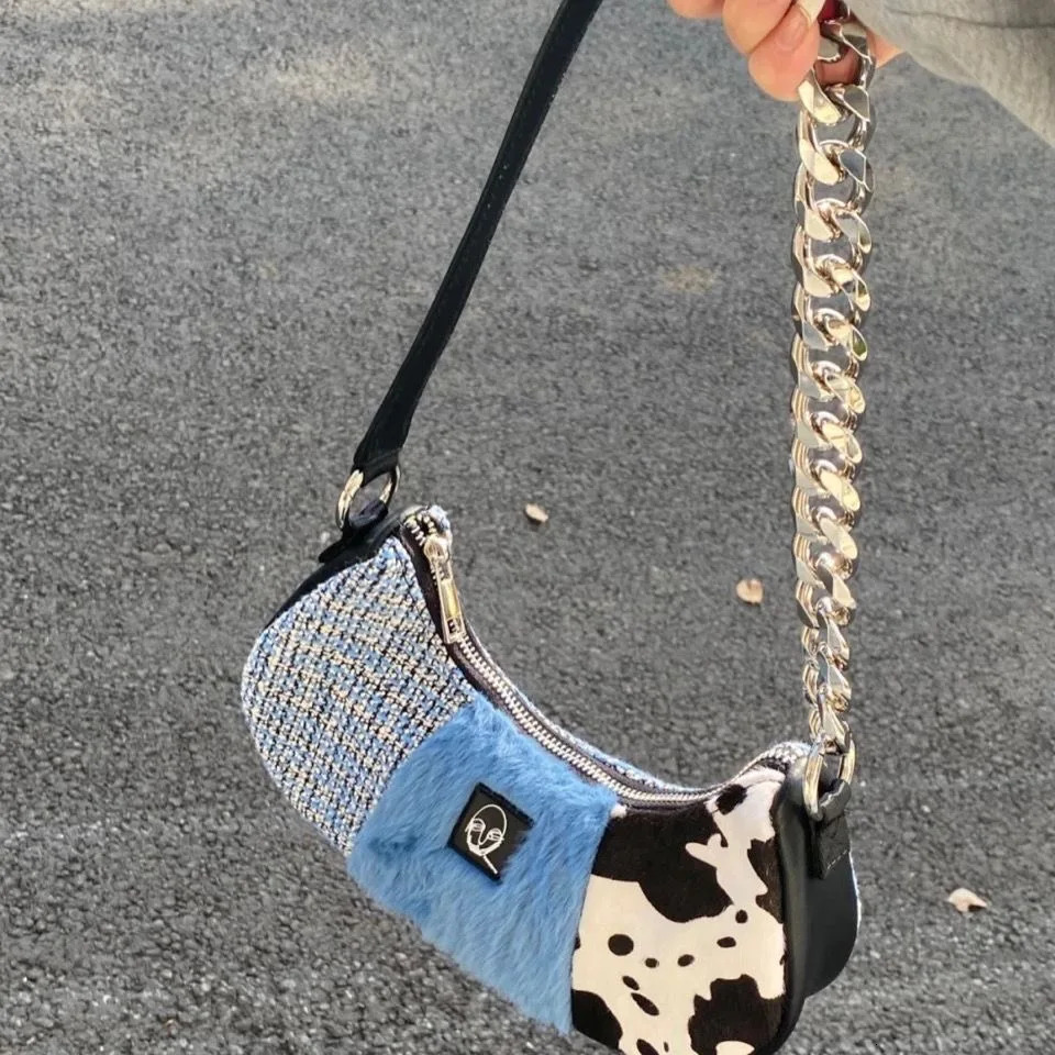 Womens Fur Shoulder Bag with Chain Short Handle er Sling Underarm Bags Half-Moon Shape Patchwork Small Purse Flap 241104