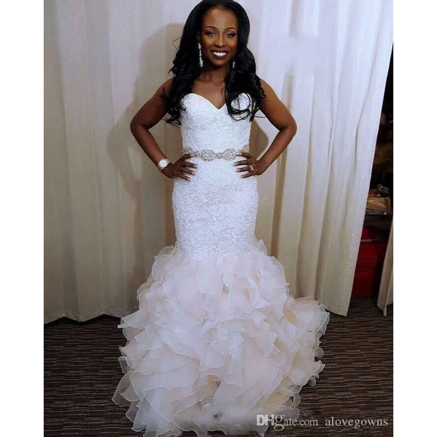 Gorgeous African Mermaid Dresses Sweetheart Lace Beaded Bridal Gowns Or Length Organza Ruffles Plus Size Wedding Dress Vestidos