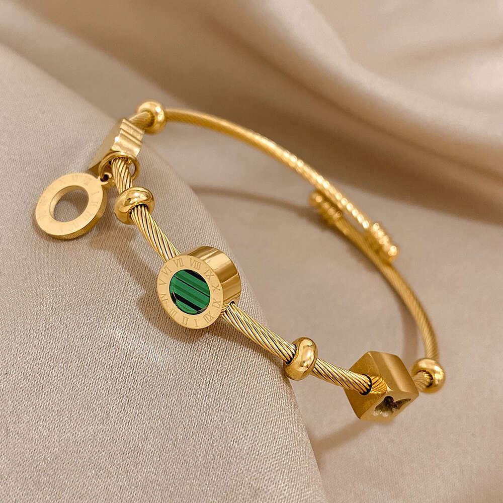 Fashion Stainless Golden Fashion New Hot Jewelry Steel Bangle with Green Stone & Numerals for Women Men Cuff Waterproof Daily Wear Jewelry Gifts