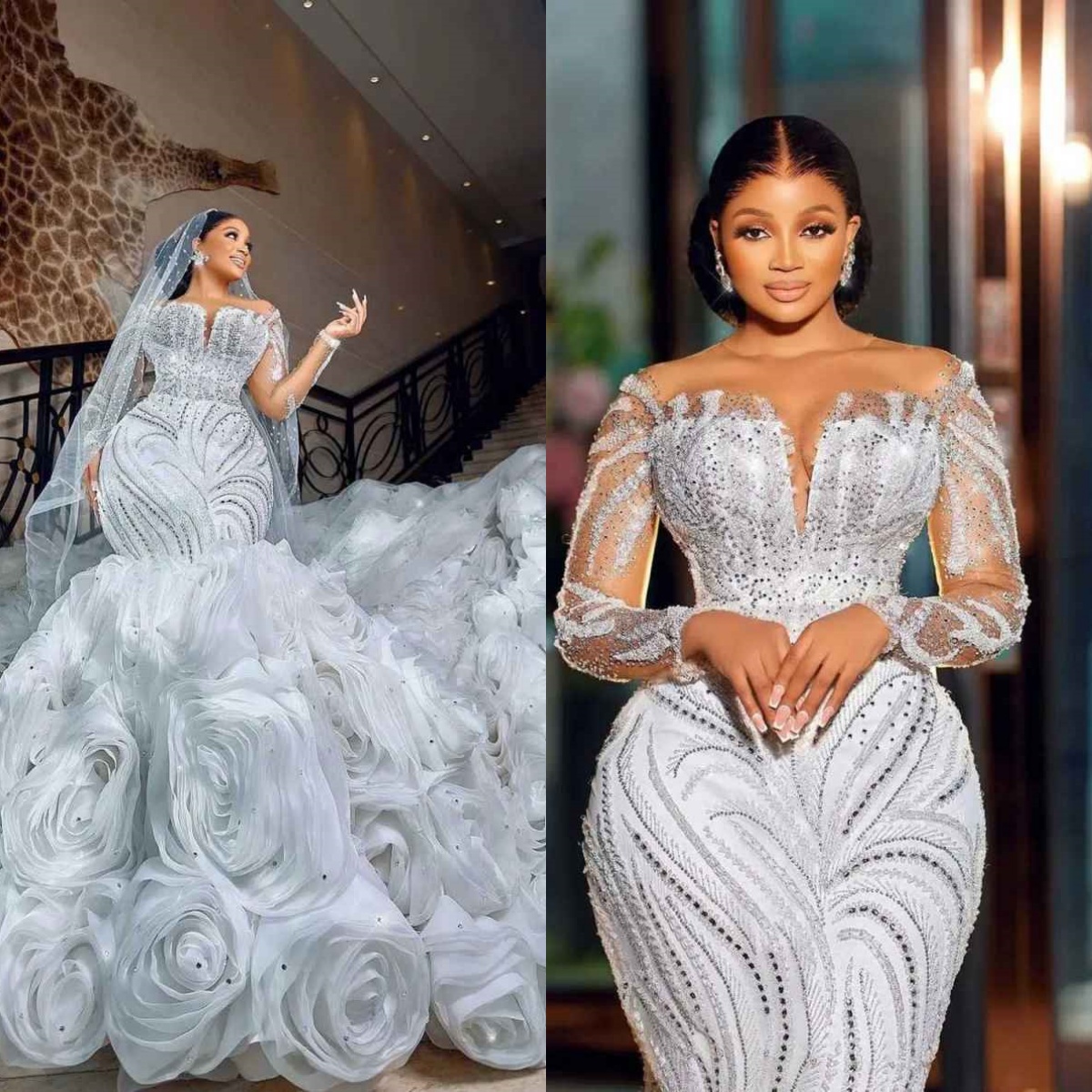 Luxury Mermaid Wedding Dress Beaded O Neck Bride Gowns Detachable Ruffles Sweep Train Bridal Dresses Vestido De Novia Customized