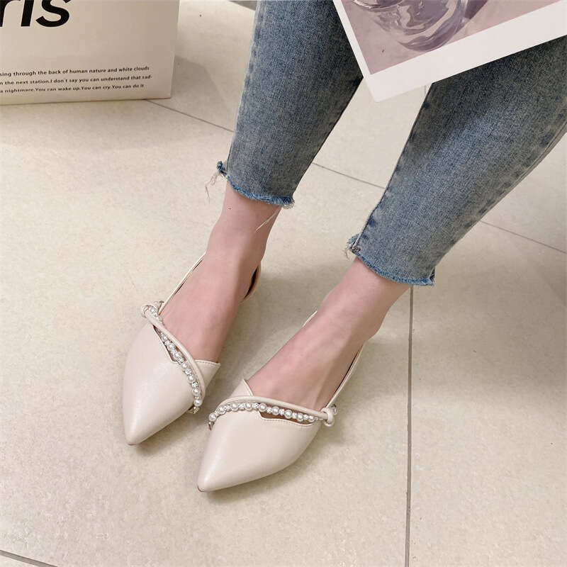 French Pearl Decoration Single Shoe For Women's Spring And Summer New Style, One Foot Shallow Mouth Pointed Soft Leather Side Empty Flat Bottom E