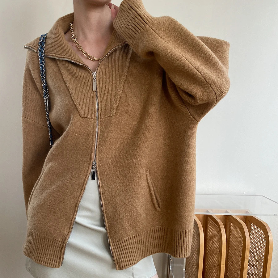 Autumn Winter Women's Knitted Sweater Fashion Personality High Quality Double Zip Cardigan Loose Oversized Lapel Jumper