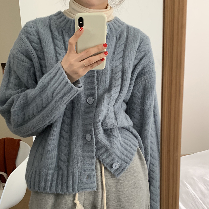 Soft Waxy Fried Dough Twists Solid Color Knitting Cardigan In Autumn Winter New Loose And Lazy Style Short Sweater Coat For Women F1105#35