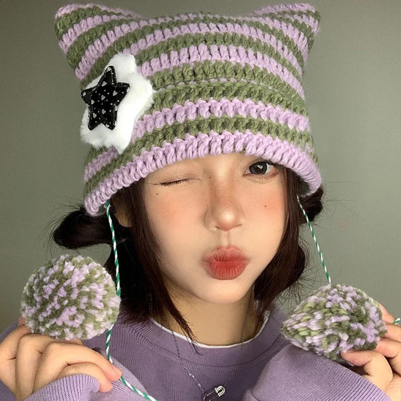 Y2K Cute Star Devil Knitted Beanie Hat Ins Skullies Striped Knitting Wool Cap Autumn Winter Cat Ears Pointed Pullover Women Hats 241105