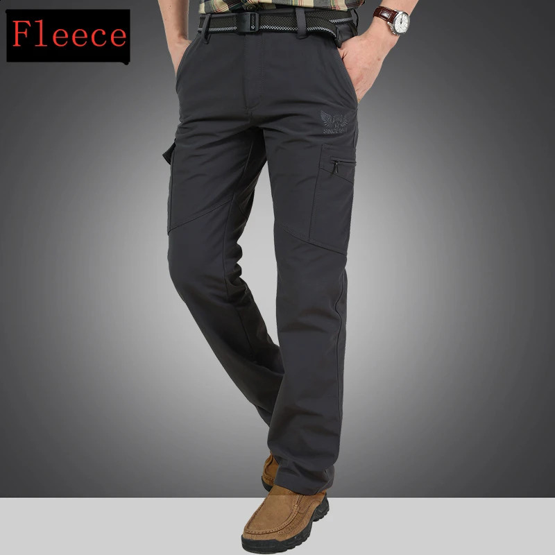 Warm Fleece Winter Pants Thicken Men Zipper Waterproof Work Casual Military Tactical Cargo Male Trousers 4XL 241105
