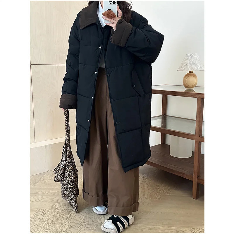 Winter Womens Down Puffer Jackets Baggy Thickening Warm Corduroy Collar Clothing Boutique Clothes Cotton Medium and Long Coats 241105
