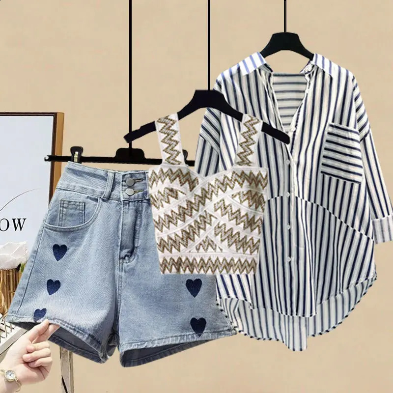 Spring Summer Striped Patchwork White Shirt Blouse Love Denim Shorts Personality Vest Three-piece Elegant Womens Shorts Set 240325