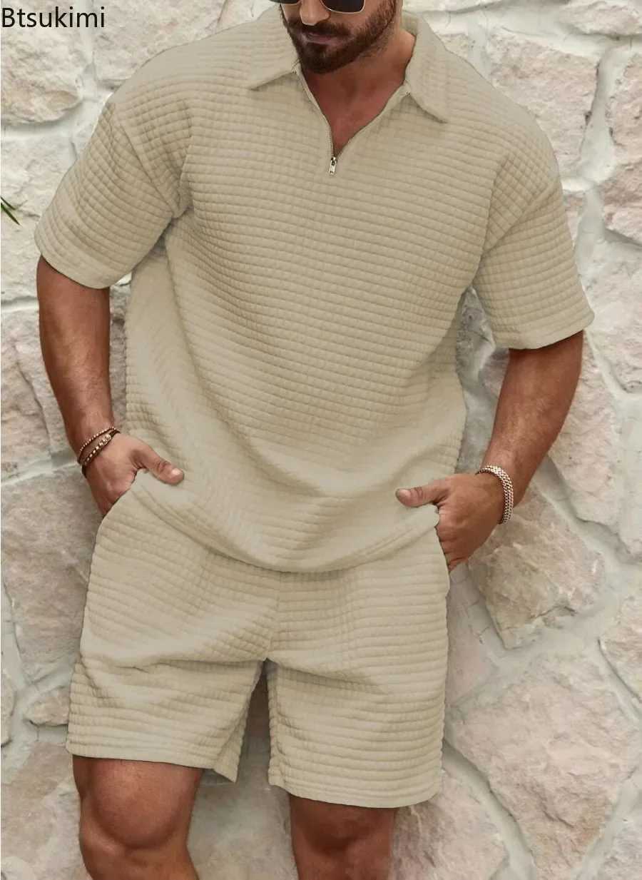 Mens Summer Wfle Casual Set Solid Smooth Loose Sports Set Half Zipper Short Sleeve Shirt Mens Track and Field Wear W241104