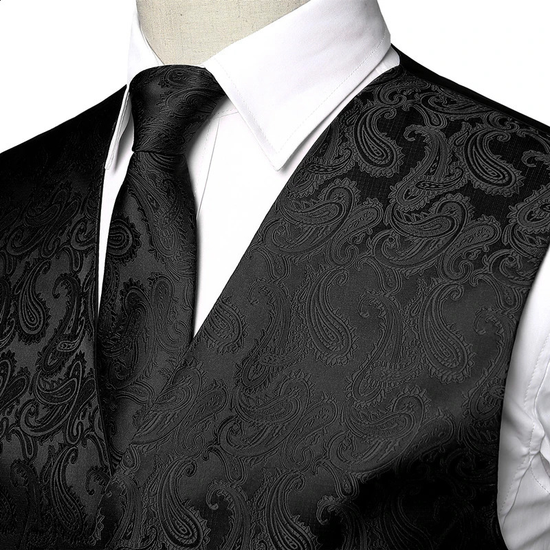 Mens Black Paisley Tuxedo Suit Vest Classic 3pc and Necktie Pocket Square Formal Dress Waistcoat for Gilet Homme 3XL 241105