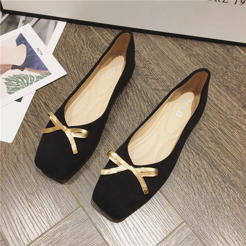 2023 Korean Edition New Solid Color Versatile Daily Red Toast Dress Heel Suede Square Head Shallow Mouth Soft Bottom Flat Shoes