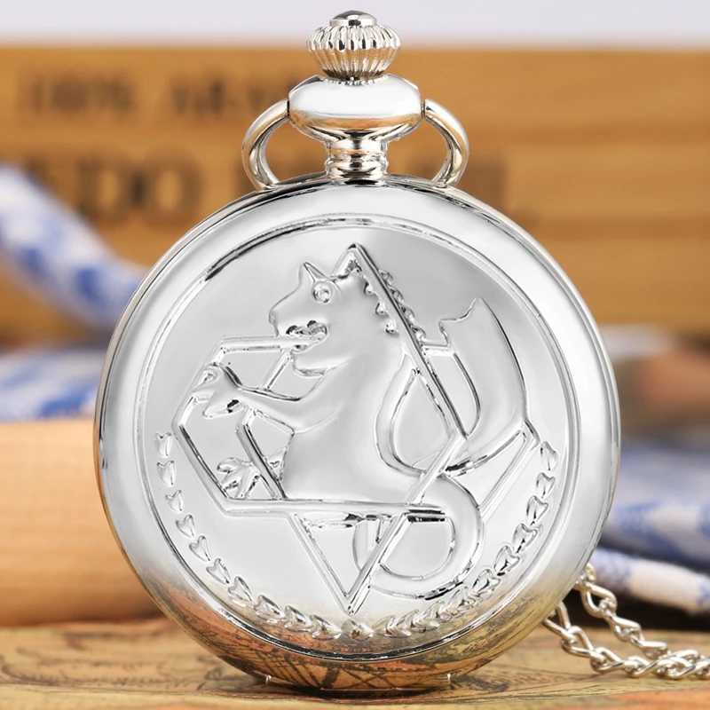 Simple Silver Fullmetal Alchemist Quartz Pocket Watch Edward Elric Anime Clock Design Pendant Cosplay Fans Necklace Chain GiftsX241104