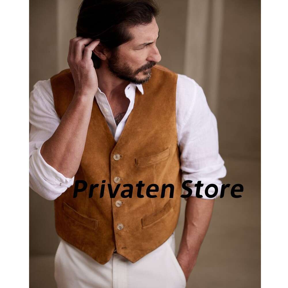 Men Vest Modern Suede Veet Khaki Cardigan 10-Button Suit Sleeveless Waistcoat West Cowboy With Pocket Punk Gilet Chaleco