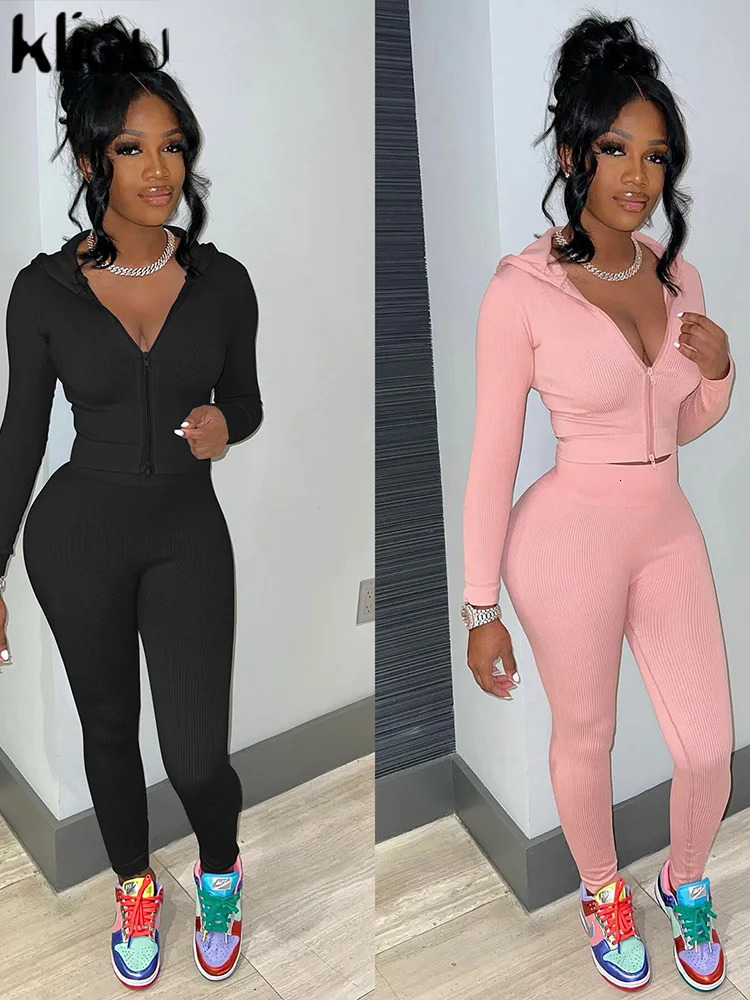 kliou Basic Concise Two Piece Set Women Casual Hooded Zip-up Slim TopsMatching Solid Pants Female Autumn Coordinate Outfits 241104