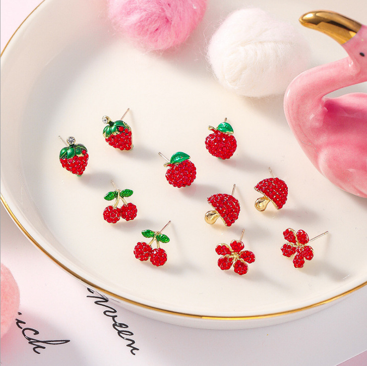 Stud earrings Red cherry strawberry S925 silver needle Stud girly fruit flower temperament crystal earrings red diamond earrings exquisite gift
