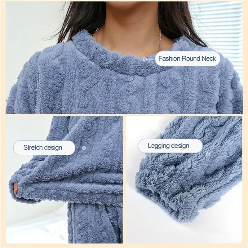 2 Sleepwear Women Piece Suit Fleece Pajamas Night Warm Home Solid Fluffy Velvet Set Piiama Pant Wear Winter Casual O-neck 241105