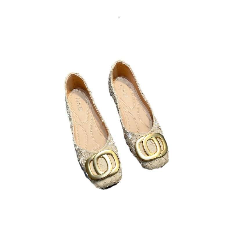 Evening Breeze Shallow Mouth Single Women's Korean Edition Spring And Summer New Style Metal Buckle Folded Silk Square Head Soft Bottom Flat Heel