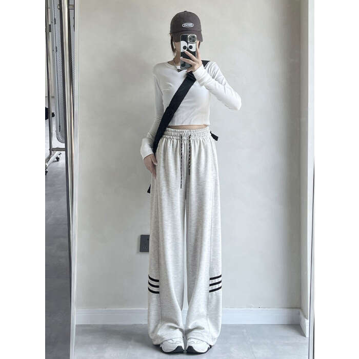 shanshi three stripes pants Side panel three bar casual for women spring autumn, new student Korean version sports straight leg pants in white, gray, 