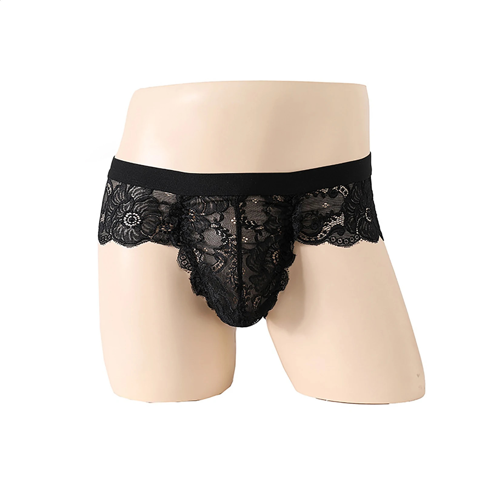 Sexy Mens Lace See Through Thongs Lingerie Underwear Low Waist Bulge Pouch Flower Embroidery Underpants Erotic Briefs 241105