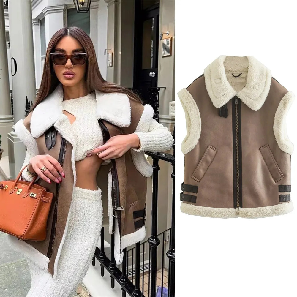 Autumn/Winter Womens Casual Polo Neck Zipper Three Color Wool Panel Tank Top 241105