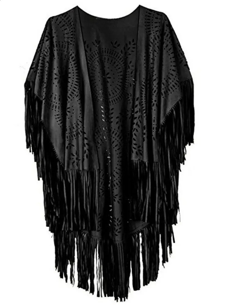 In Camel Suede Floral Hollow Out Fringe Tassel Shawl Women Vintage Bohemian Capes Ponchos Beach Cardigan Boho Cloak 241105