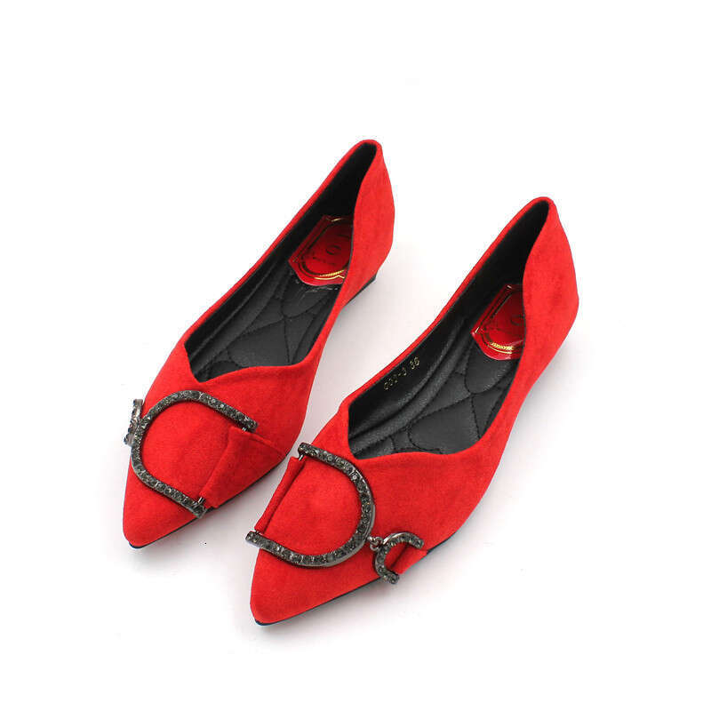 2023 Autumn Fashion Versatile Pointed Shallow Mouth Water Diamond Button Flat Follow For Women 2Cm Black Suede Scoop Shoes