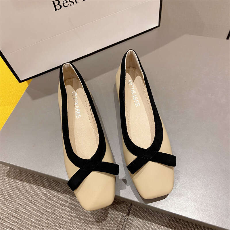 Korean Women's Shoes 2023 Summer New Fashion Square Toe Soft Sole 2Cm Low Heel Sweet Bow Single Shoe