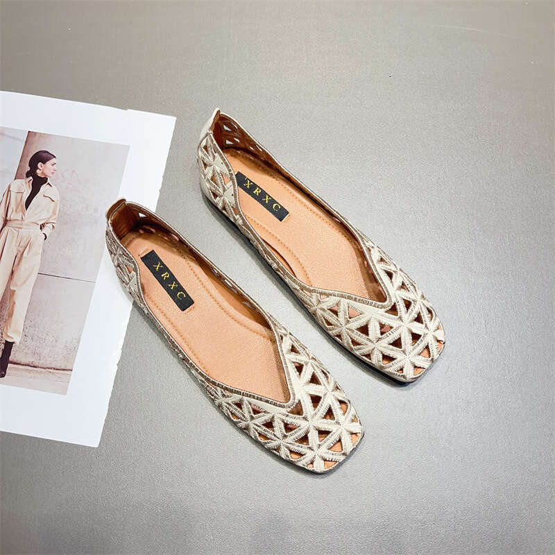 Cave Sandals Women's Spring And Summer New Style Square Toe Versatile Comfortable Soft Sole Hollow Out Single Breathable Flat Shallow Mouth Scoop