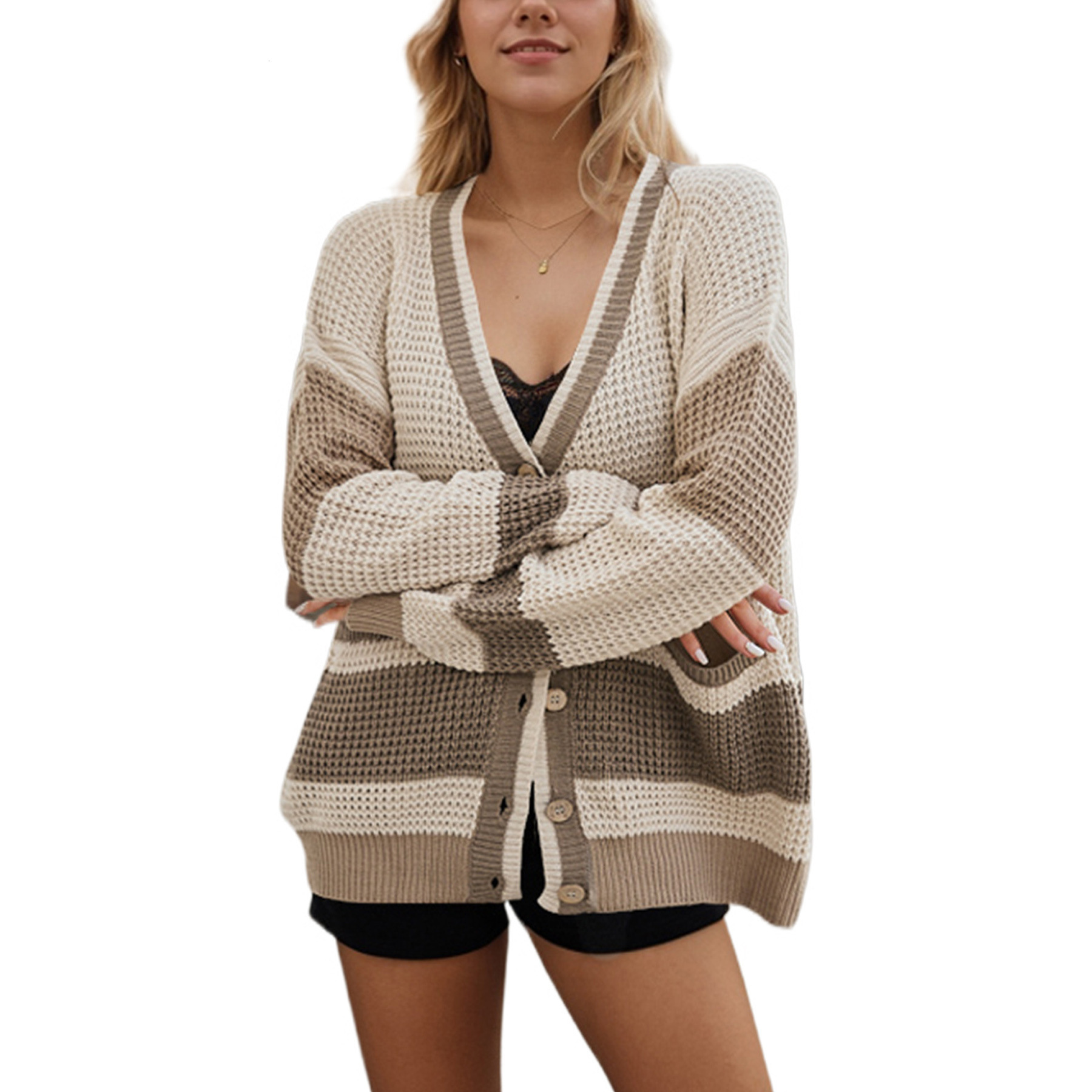 Women's New Autumn And Winter Knitted Jacket V-Neck Plus Size Pocket Color Blocked Cardigan Sweater For Women