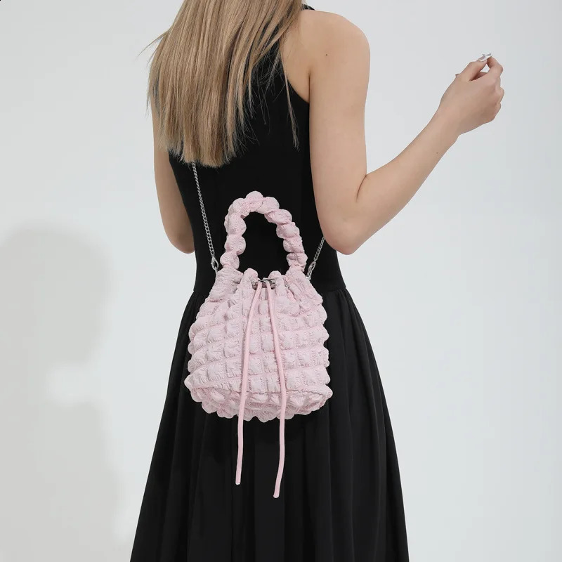 brushed nylon pleated womens handbag casual cross body bag small water bucket handbag 241105