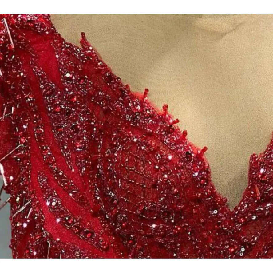 Urious Arabic Ebi Aso Red Mermaid Evening Beaded Lace Prom Dresses Sheer Neck Formal Party Second Reception Gowns Zj