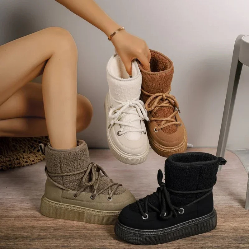 Women's Thick-Soled Cross-Strap Women Winter Round Toe Ck Plush Mid Heel Water Proof Casual Warm Snow Boots
