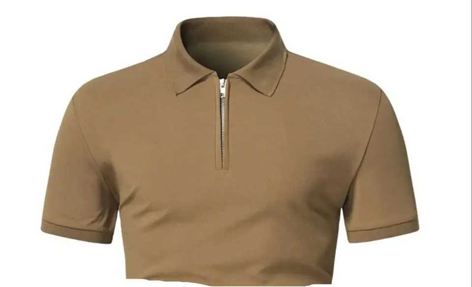 Mens solid color short sleeved zipper lapel T-shirt casual top W241104