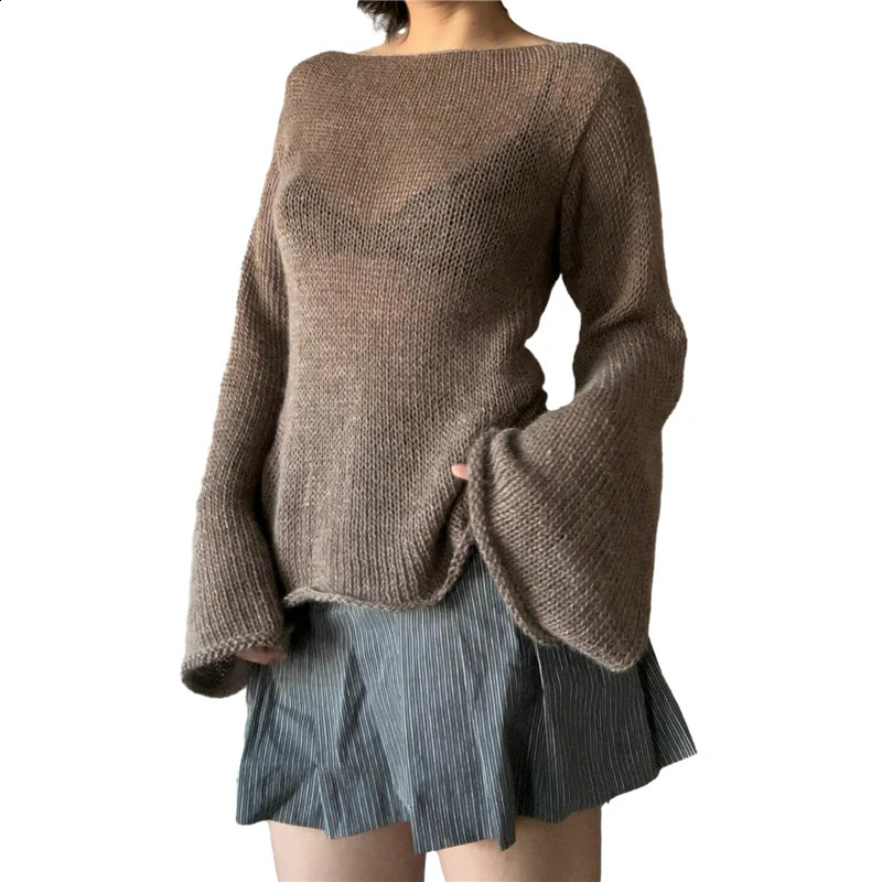 Xingqing y2k sweater womens Grunge clothing solid color off shoulder long sleeved floral knit top 2000s streetwear 241105