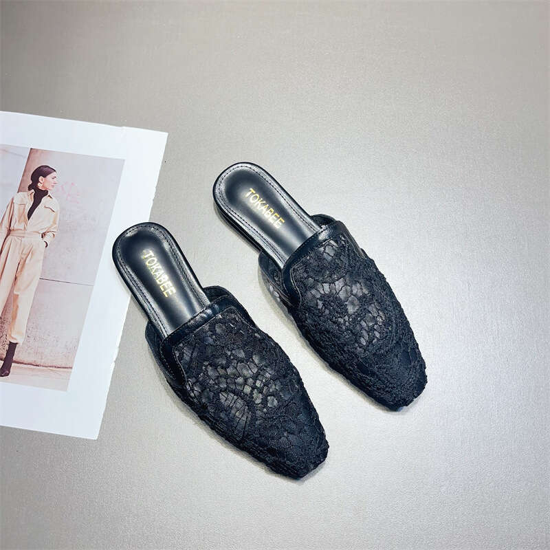 Fashionable Baotou Half Slippers For Women's Summer Outerwear 2024 New Comfortable Hollow Out Breathable Lace Mesh Flat Mill Shoes