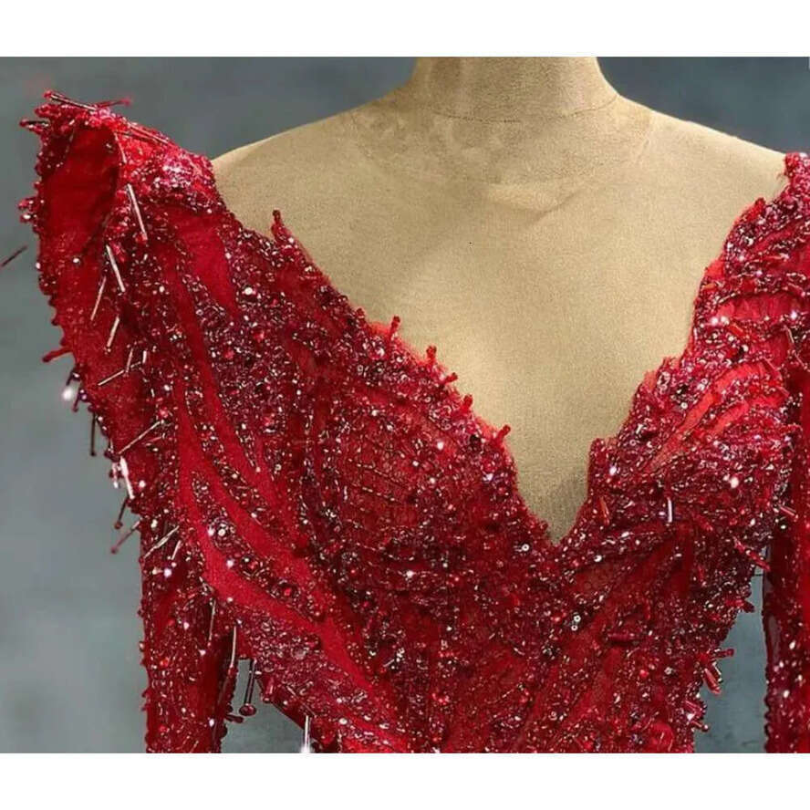 Urious Arabic Ebi Aso Red Mermaid Evening Beaded Lace Prom Dresses Sheer Neck Formal Party Second Reception Gowns Zj