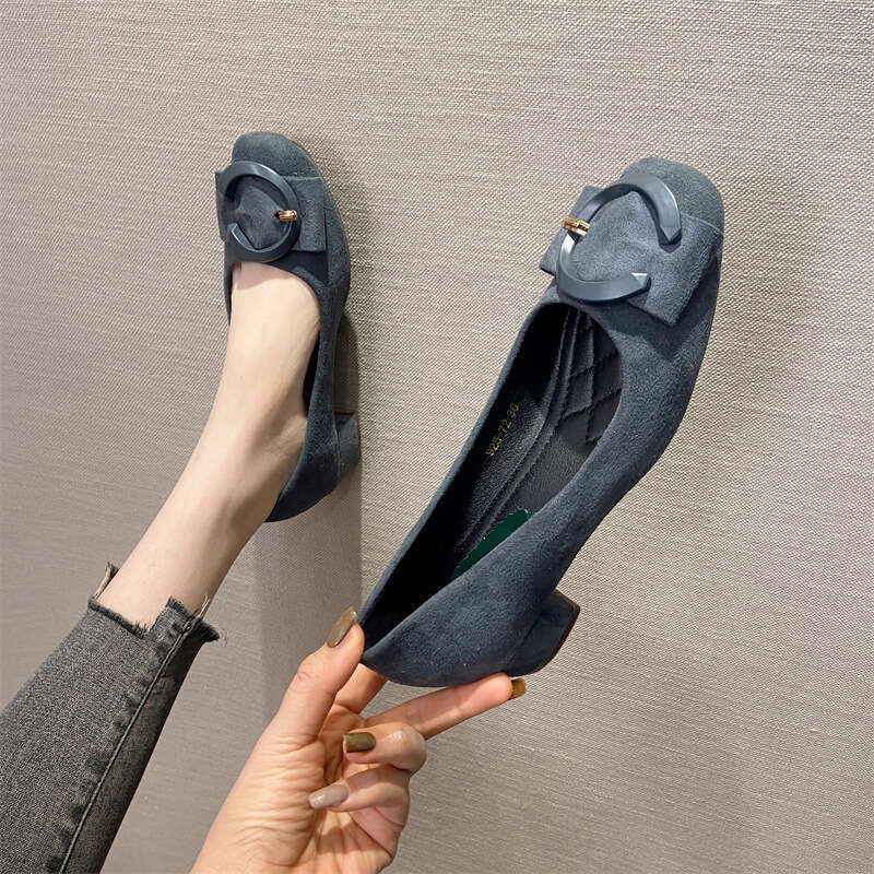 Rough Follow-Up For Women's Spring New Versatile Professional Work Shoes, Comfortable Suede Square Toe Shallow Mouth Low Heel Scoop Shoes